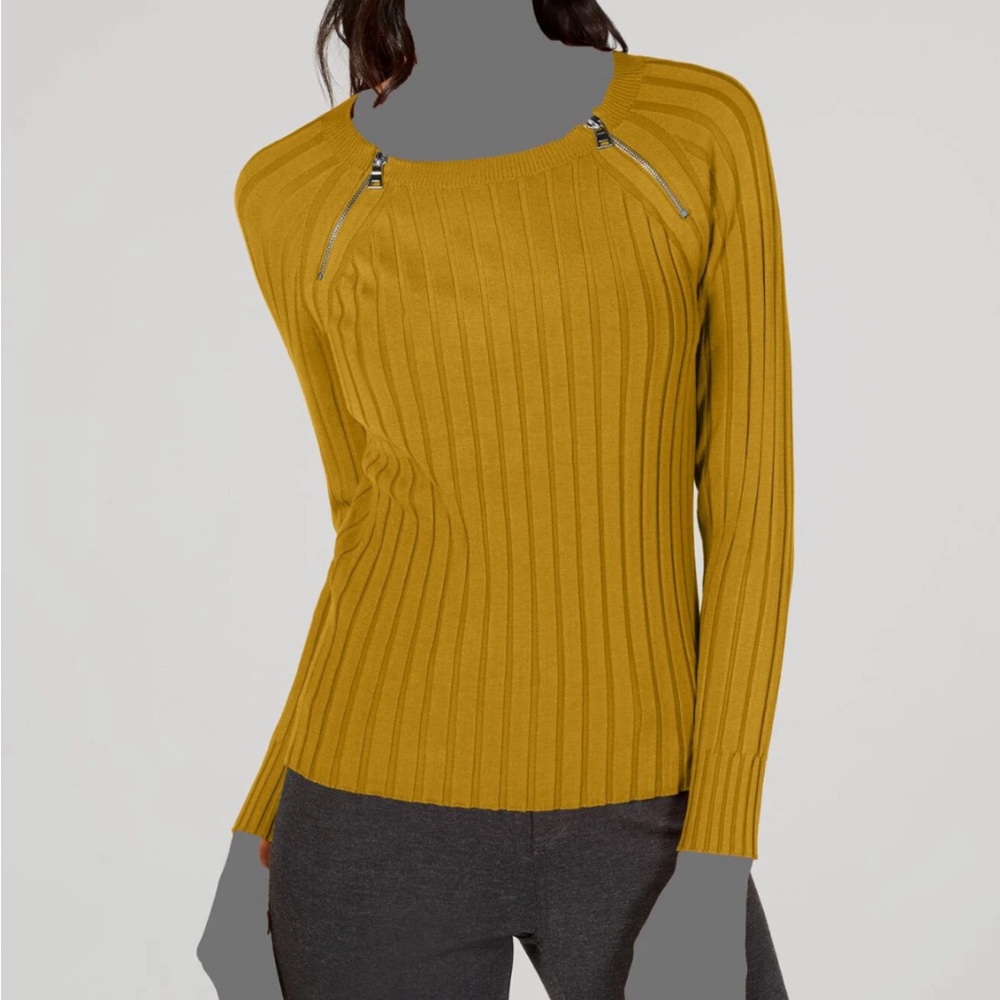 INC Mustard Yellow Ribbed Sweater with Zipper Accents - Picture 4 of 8